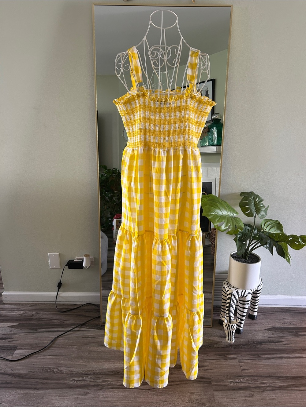 Yellow Gingham Maxi Dress with Smocked Bodice - Picture 2 of 7